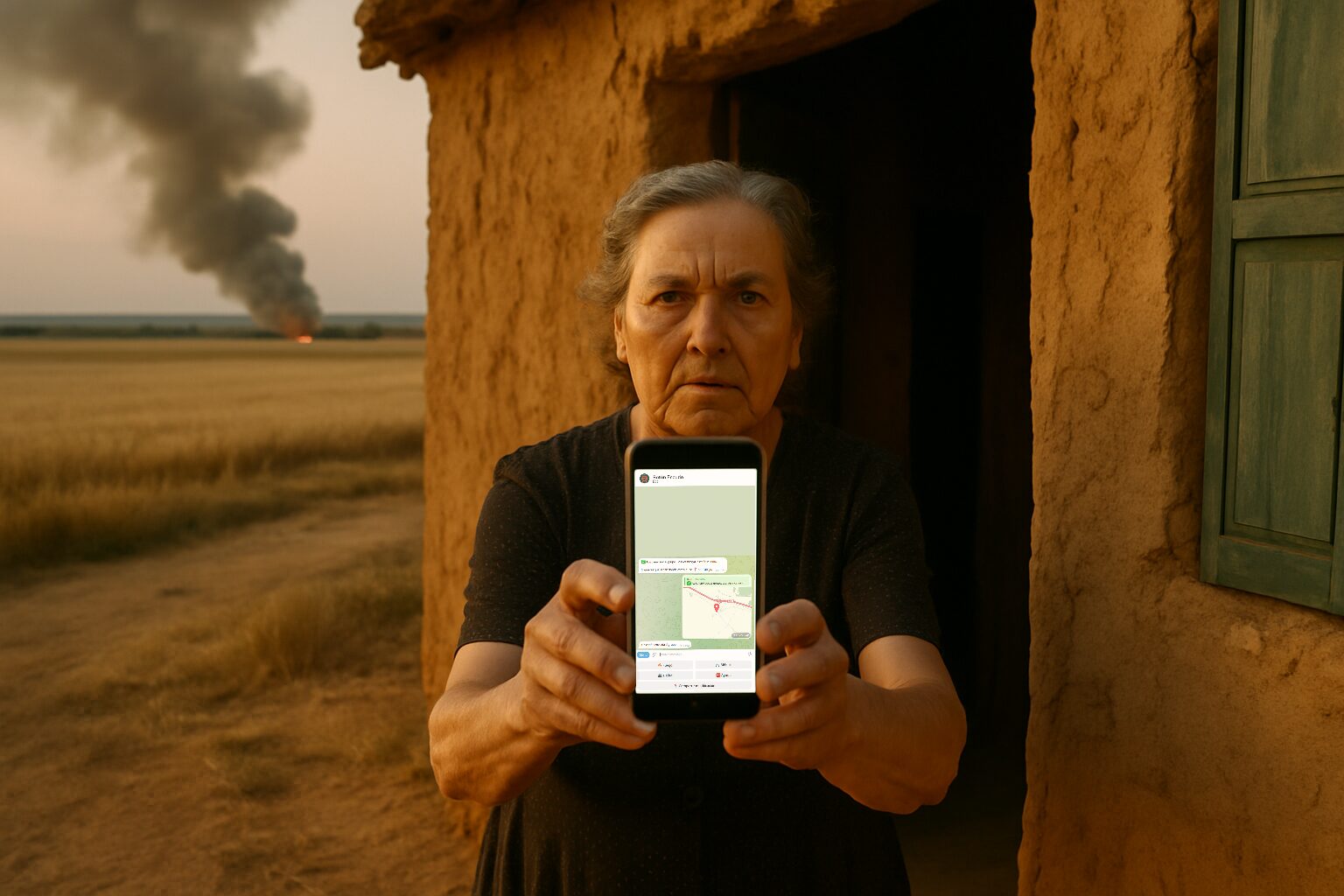 Una mujer en la puerta de su casa sostiene el teléfono con el Botón Escudo; detrás, humo sobre los campos.