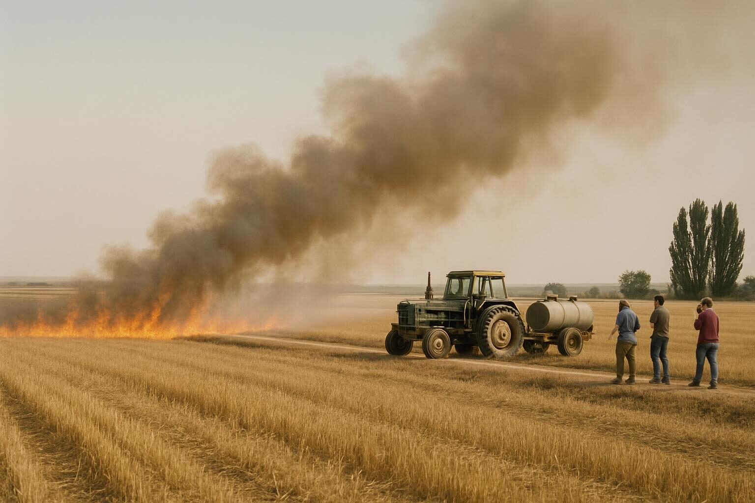 Una línea de fuego en el borde de un campo de cereal ya cosechado, humo cruzando un cielo pálido, un tractor con una cuba de agua y algunos vecinos a buena distancia.