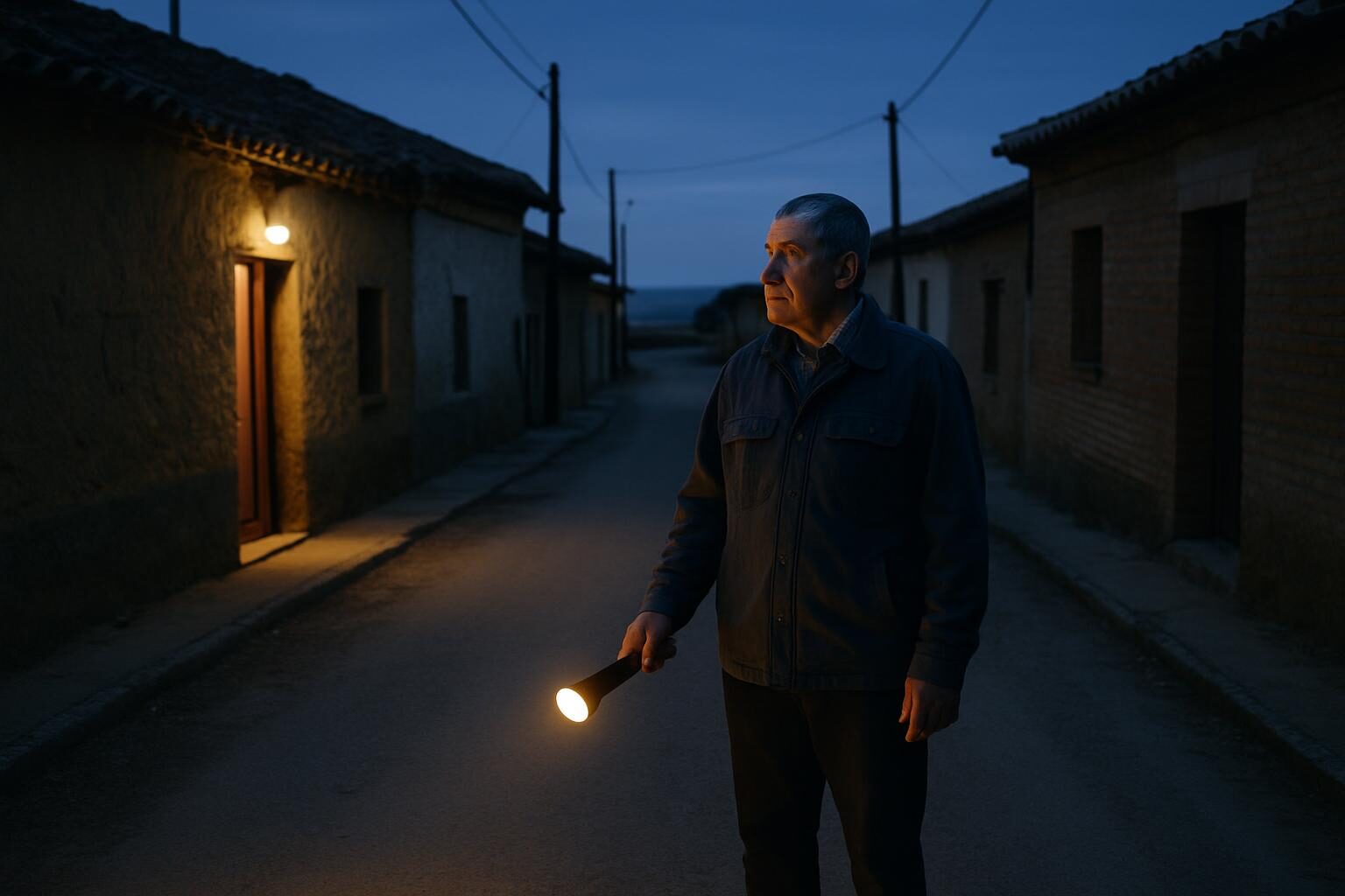 Un hombre de pie en una calle vacía del pueblo al anochecer, con una linterna, un porche encendido y una puerta abierta detrás de él.
