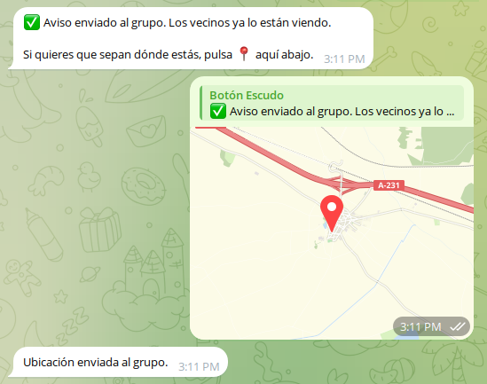El bot confirma que el aviso se ha enviado y ofrece compartir la ubicación.