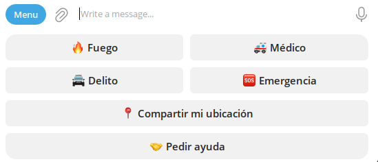 Los botones fijos: Fuego, Médico, Delito y Emergencia, luego Compartir mi ubicación, y por su cuenta, Pedir ayuda.