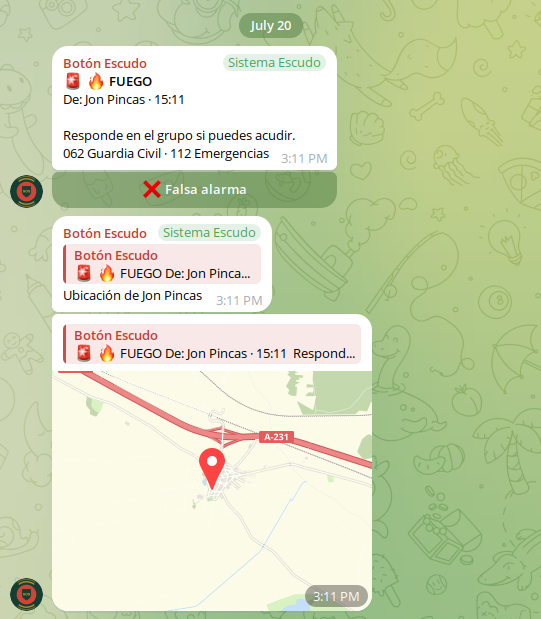 Aviso de fuego en el grupo, con botón de falsa alarma y la ubicación en el mapa.