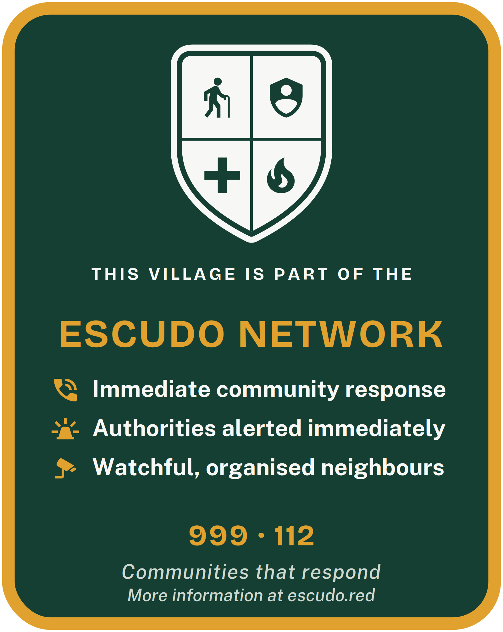 Escudo sticker artwork: crest, «This village is part of the Escudo Network», 999 · 112.