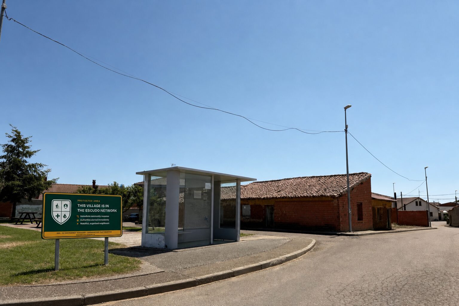 Red Escudo entrance sign installed at the edge of the village, next to the noticeboard.