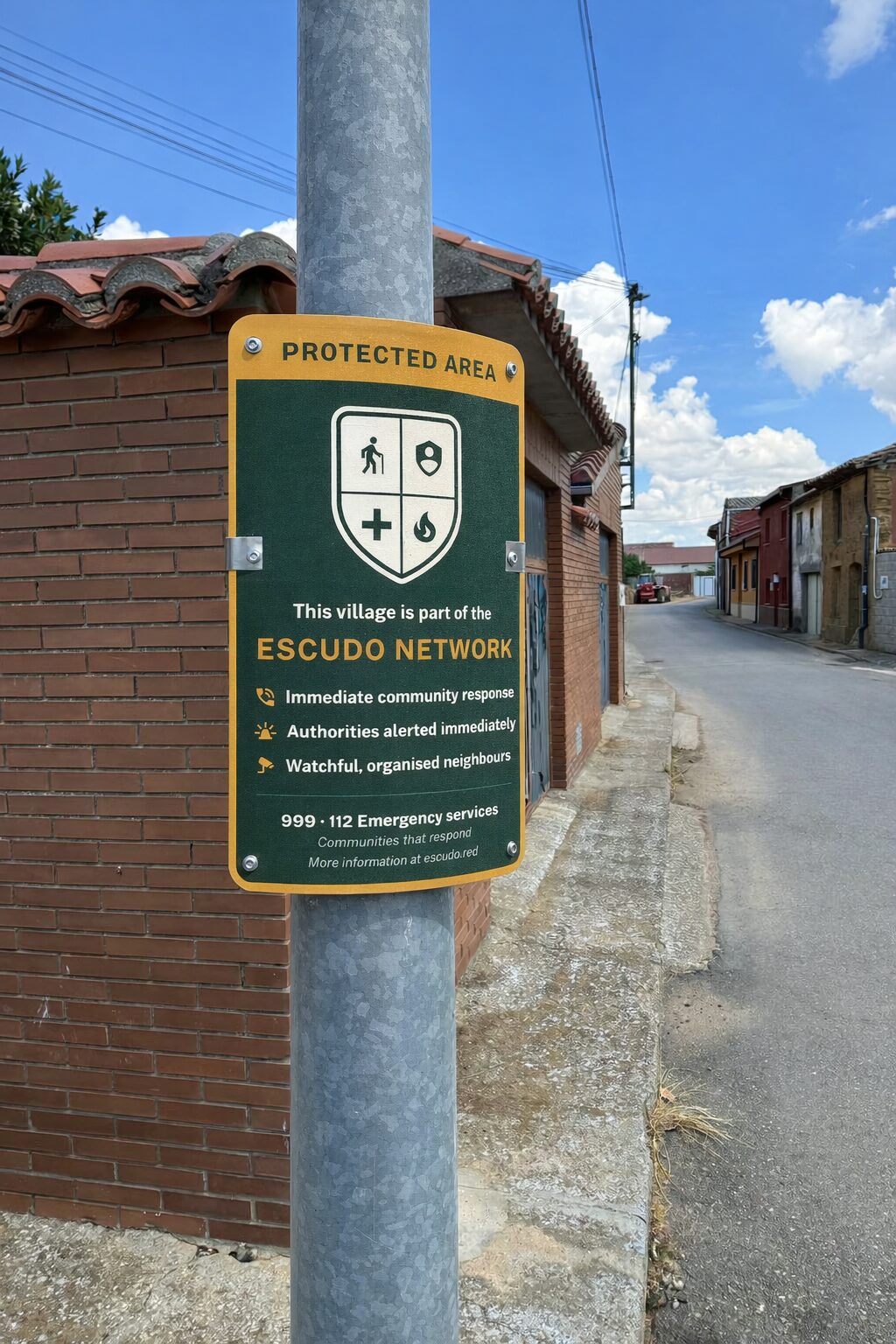 Escudo plaque mounted on a lamppost in a brick village street.