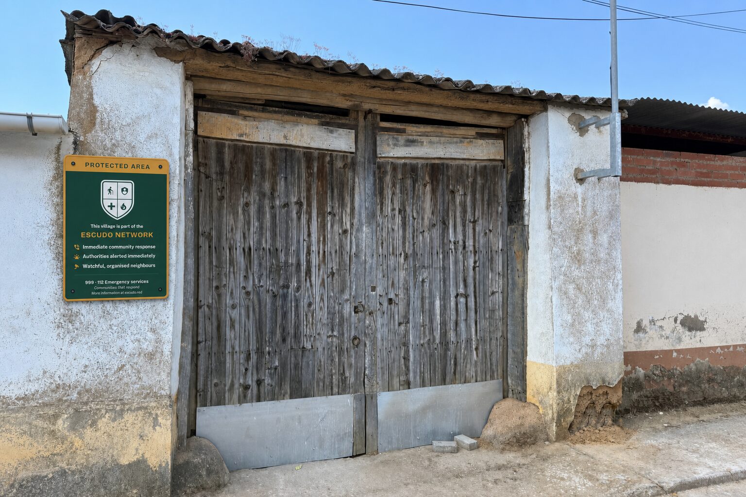 Escudo plaque screwed to a whitewashed wall next to a wooden gate.