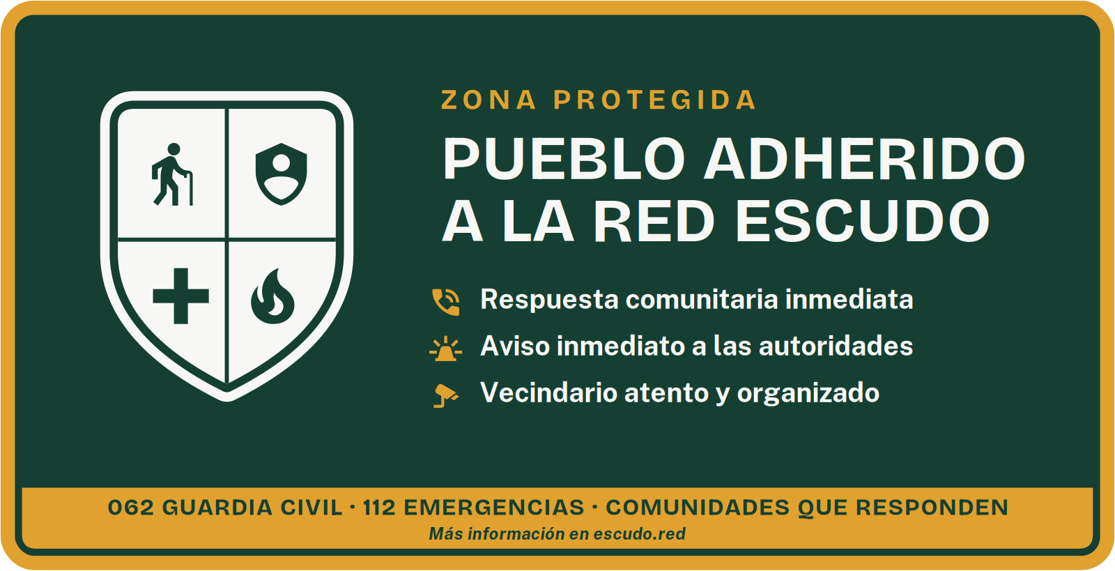 Arte de la señal de entrada: «Pueblo adherido a la Red Escudo» con el escudo y los teléfonos.