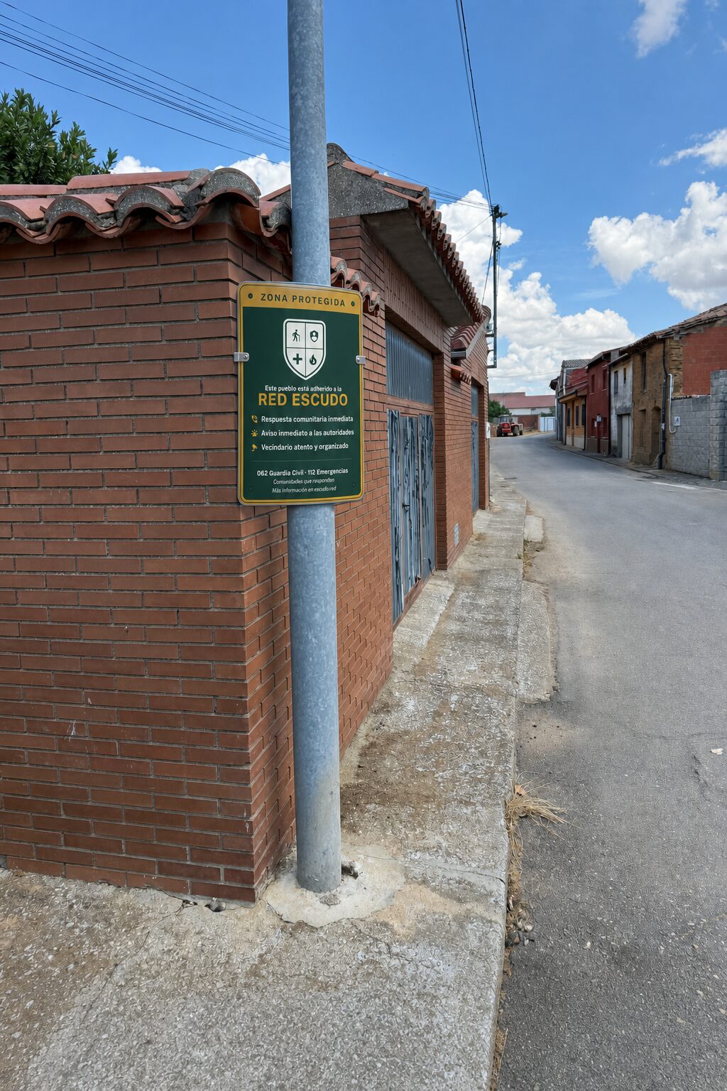 Placa Escudo montada en una farola en una calle de ladrillo del pueblo.