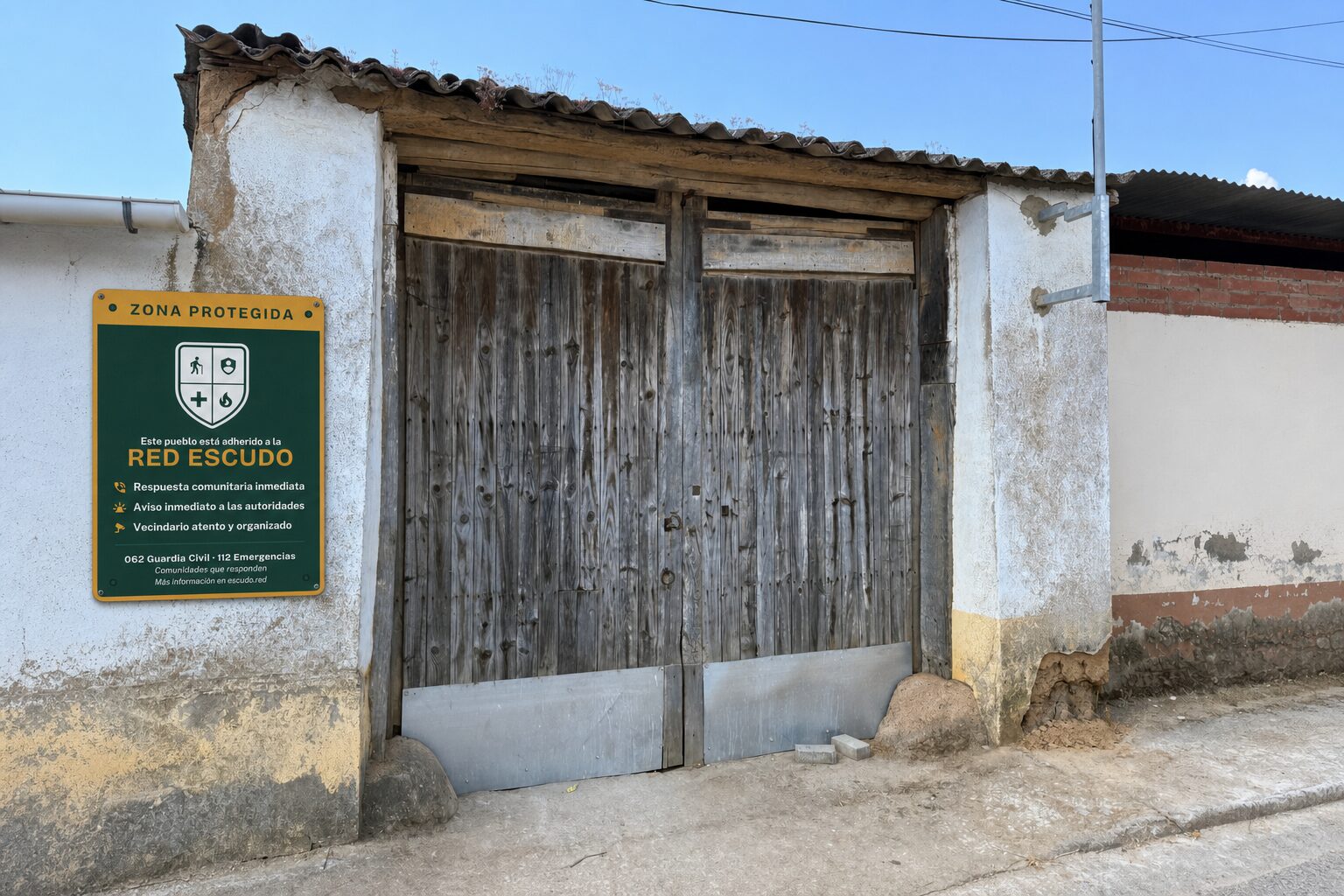 Placa Escudo atornillada a la fachada encalada junto a un portón de madera.